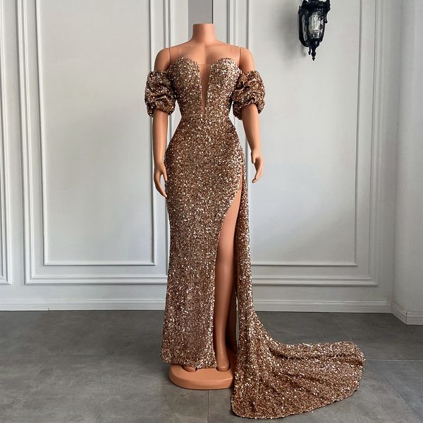 

luxury gold long prom dress 2023 sparkly mermaid style off the shoulder high slit sequin black girls evening party formal gowns robe de soir