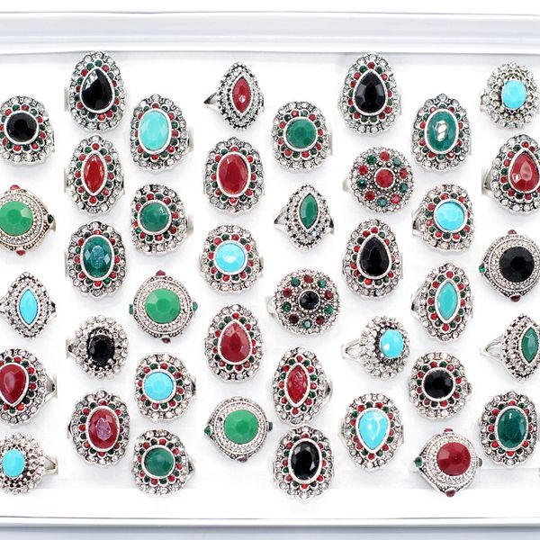 

30pcs mixed carved flower microinsert stone vintage rings for women girl antique silver plated bohemia ethnic party gift finger jewelry whol, Slivery;golden