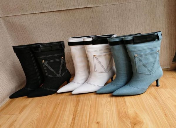 

jean denim leather 85cm stiletto high heels shoes ankle boot half booties pillage pointed toes buckle pattern knee catwalk party 8530810, Black