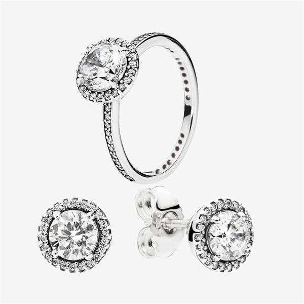 

big cz diamond wedding ring and earring set with original box for pandora 925 sterling silver women rings & stud earrings2111, Slivery;golden
