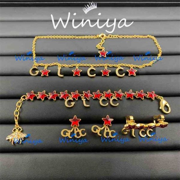 

2023 designer new necklace ancient family letter diamond inlaid five pointed star bee style neck chain bracelet earrings ear clip, Silver