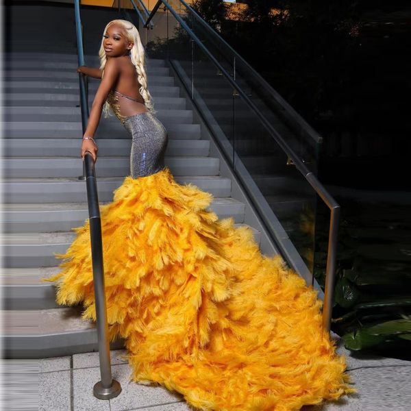 

luxury sparkly mermaid prom dresses for black girls feathers sequined beads african party evening dress vestidos de noche