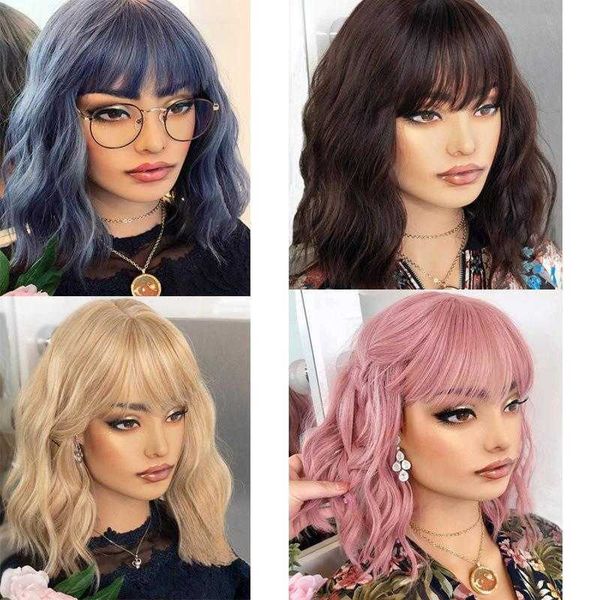 

wig womens air bangs mid length curly hair haze blue gold brown chemical fiber, Black