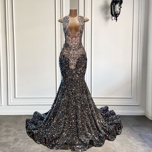 

luxury long prom dresses 2023 mermaid fitted sparkly silver diamond sequin black girls evening gala party gowns robe de soiree customed