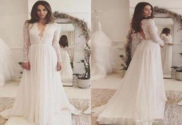 

lace chiffon long sleeve plus size wedding dresses simple vneck backless sweep train country flowy beach wedding gown8516652, White