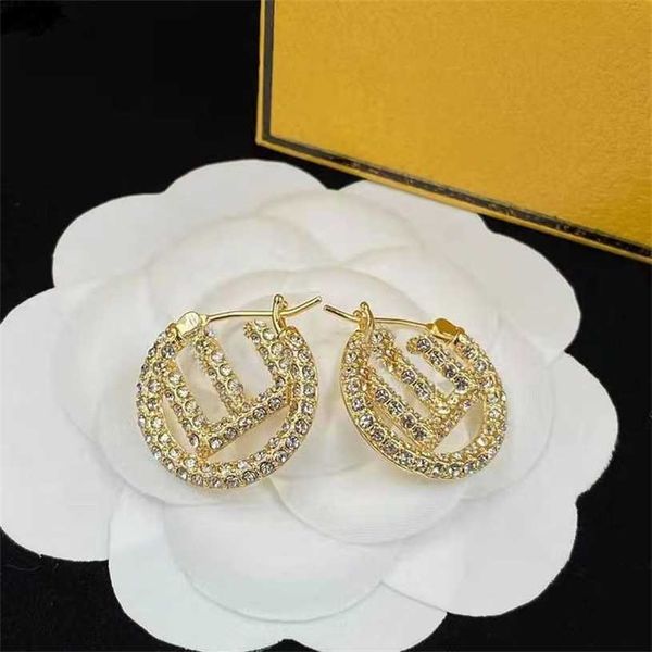 

2023 designer fen xx's water diamond new type f letter round pattern brass material simple ladies daily versatile earrings, Golden
