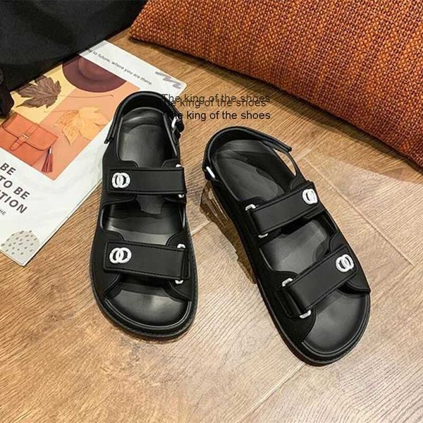 

slipperssandals comemore hook loop candy color with magic tape dad shoes summer print letters flat roman womens sandals, Black
