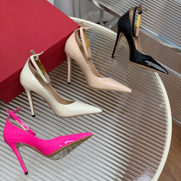 

stiletto heel dress shoes fashion designer fuchsia patent leather buckle pumps 11cm high heeled pointed toes ankle strap womens shoe 35-41 w, Black