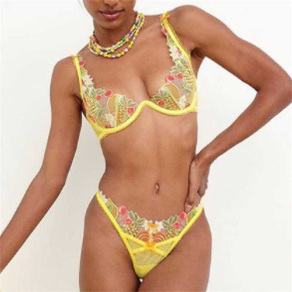 

yellow pastoral fragmented flowers bra strap perspective lace thong two piece funny underwear set, Black;white