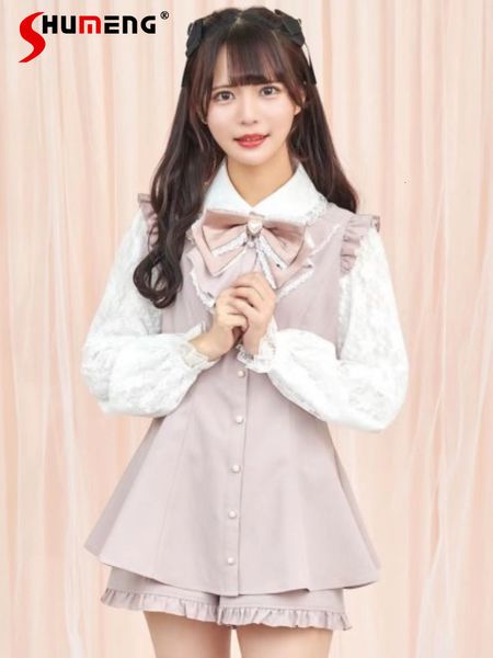 

womens two piece pants japanese lolita shorts suit students embroidery bow woman and high waist pleated mini set 2 pieces women spring 2303, White