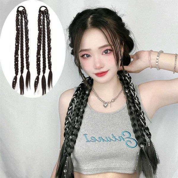 

wholesale ponytail wig female hand knitted pearl three strand braid binding, Black