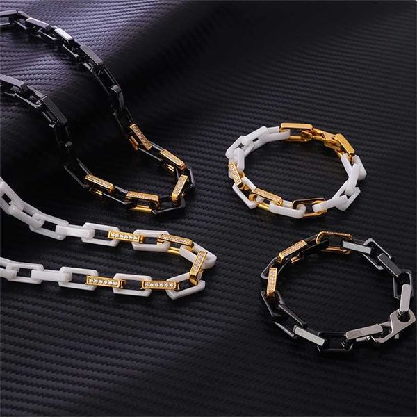 

2023 designer new cuban couple's donkey bamboo link chain grain plated 18k gold cnc inlaid with 5a zircon stainless steel ceramic neckl, Black