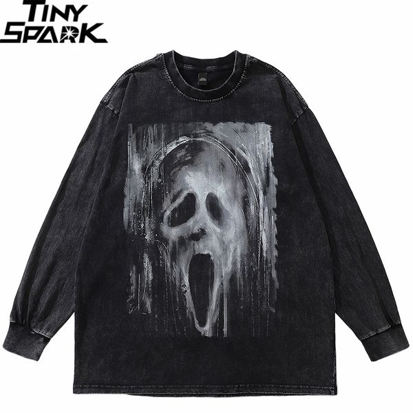 

mens tshirts hip hop streetwear washed black ghost t shirt vintage harajuku tshirt 2023 autumn men cotton long sleeve tshirt loose punk 2303, White;black