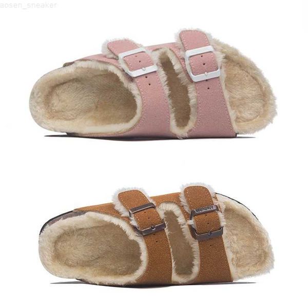 

44 45 big size wool fur cork slippers women double buckle band long plush winter slides furry outdoor footwear flip flops women 0318, Black