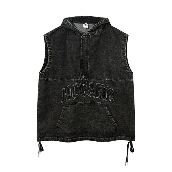 

men's plus size outerwear & coats vintage letter embroidery washed sleeveless hooded jeans tees women streetwear loose casual denim ves, Black;brown