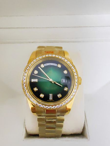 

original box certificate 18k gold president male watches day date diamonds green dial watch men stainless diamond bezel automatic wristwatch, Slivery;brown