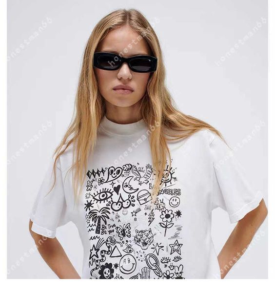 

anine bing designer fashion cotton t shirt new women personality print pattern pullover casual versatile loose short sleeve t-shirt, White