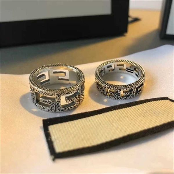 

2023 designer new fashion jewelry gujia double old square hollow wide narrow version men's and women's same style couple ring, Silver