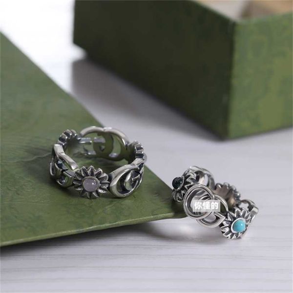 

2023 designer new fashion jewelry same double powder crystal flower daisy ring wind aging process, Silver