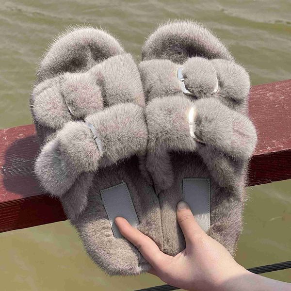 

winter fur real mink slippers women slippers for women 2022 flat warm soft indoor fur slippers luxury designer female shoes 0318, Black
