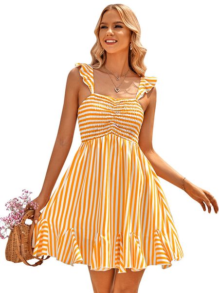 

off-shoulder a-line women's casual dresses striped printed mini short length high waist ruched panelled ruffles short sleeves dress spr, Black;gray