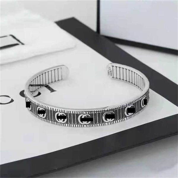 

2023 designer new jewelry stripe double open  copper plated sterling silver simple personality vertical pattern bracelet for men and, Black