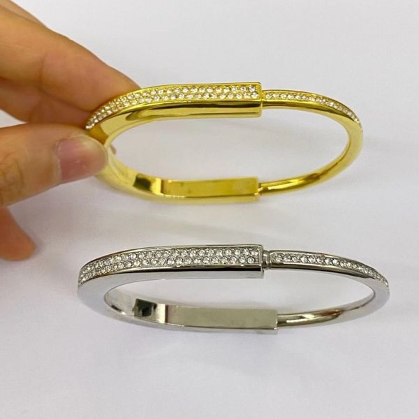

luxury fashion high-end designer cuff bangle men and women lock horseshoe shaped titanium steel full diamond bracelet with 18k rose gold bra, White
