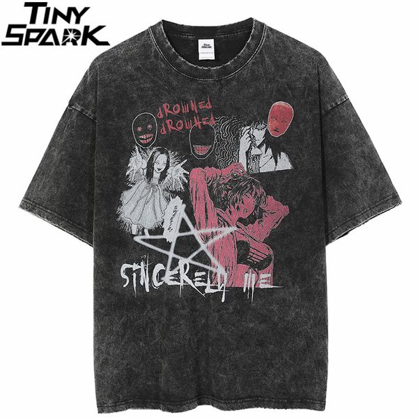 

mens tshirts hip hop streetwear washed tshirt 2023 men dark style anime print tshirt harajuku cotton casual t shirt summer short sleeve 230, White;black