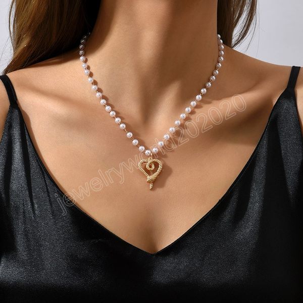 

kpop imitation pearl beaded chain necklace for women wedding punk snake heart pendant choker necklaces party jewelry, Silver
