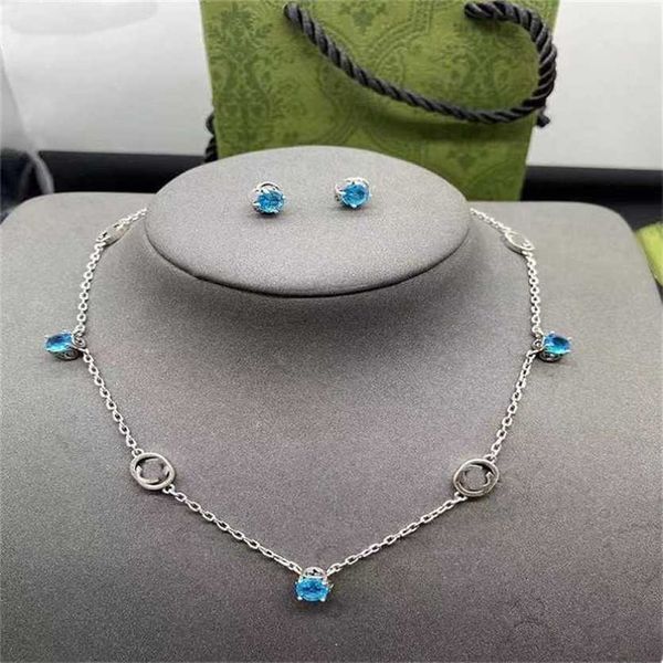 

2023 designer new jewelry double sea blue necklace fashion trend brass sweater chain, Silver