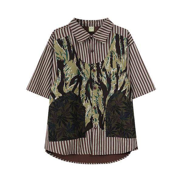 

2023 summer striped camouflage pocket patchwork shirts men and women short sleeve casual beach holiday, White;black