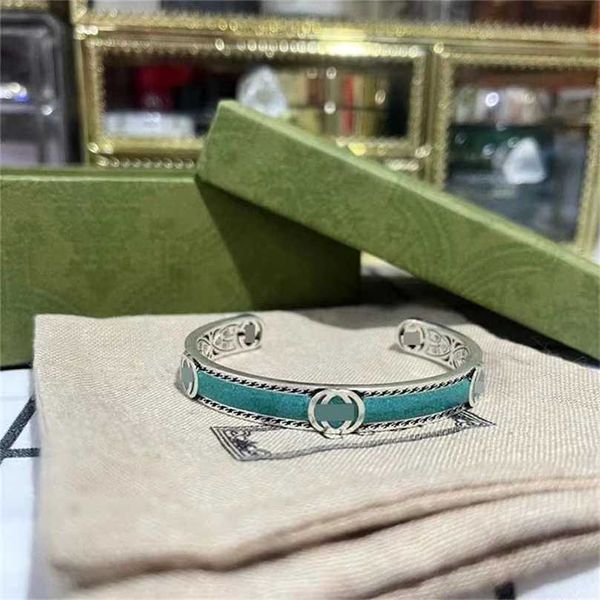 

2023 designer new jewelry sterling silver double letter open green enamel heavy industry sculpture pattern couple bracelet for men and women, Black