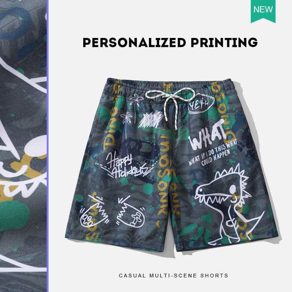 

men's shorts summer new loose men's printed beach pants cartoon dinosaur beach shorts men's graffiti camouflage capri pants m, White;black