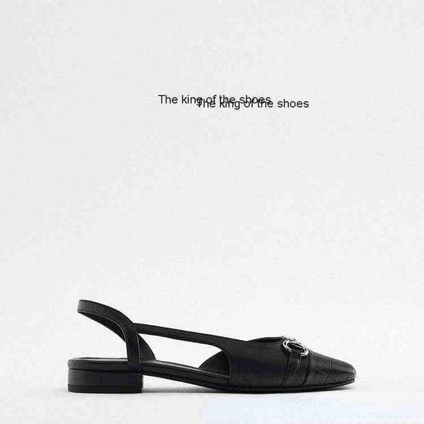 

za spring and summer new 2022 women's shoes with stone pattern decoration buckle exposed heel flat sole shoes small wind fragrant squar, Black