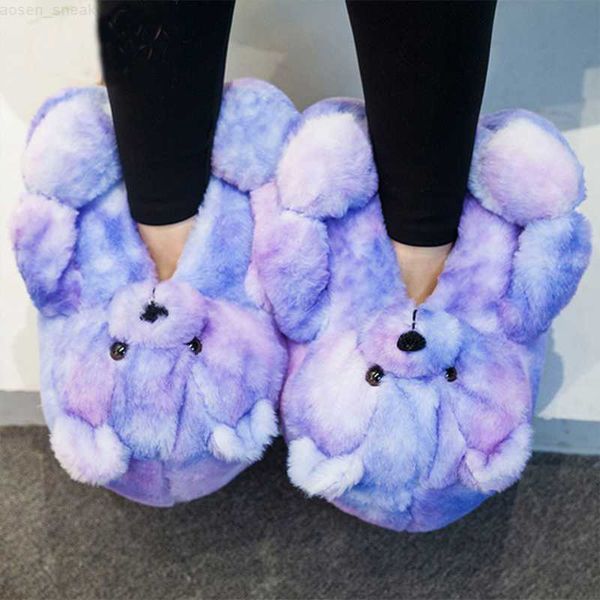 

indoor fluffy bear shoes for women furry faux fur slides cute animal winter floor shoes female fun teddy bear plush slippers 0318, Black
