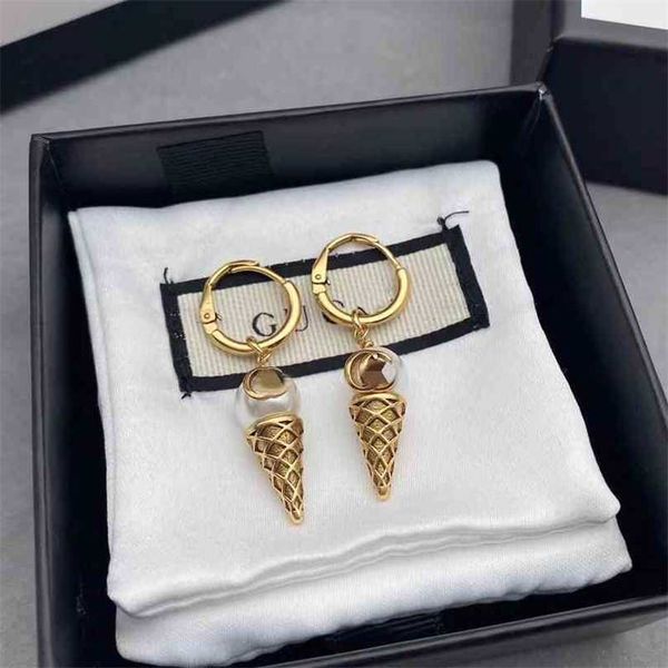 

2023 designer new gujia unique ice cream shape double earrings female 925 silver needle ring earrings, Golden