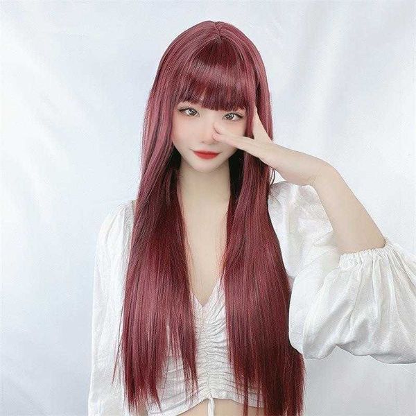

wig female wine red long straight hair internet celebrity temperament face, Black