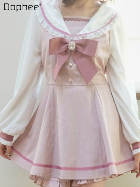

womens two piece pants cute girl long sleeve sailor collar midlength japanese style spring and summer women shorts suit pieces set 230317, White