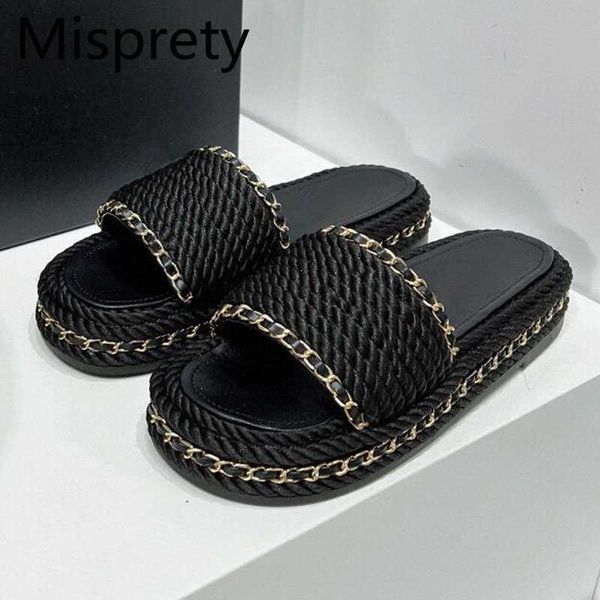 

open toe women flat slippers thick sole black hemp rope weaving chain decor designer ladies slides vacation beach slippers women 0318