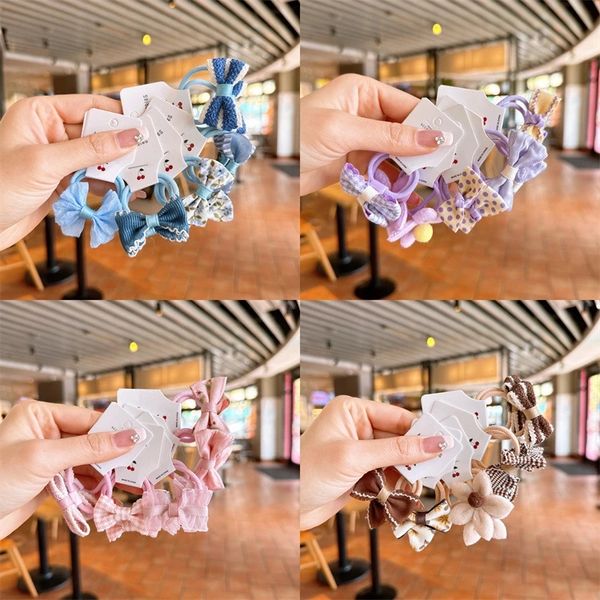 

5 pair new fashion sweet girl princess ponytail hair accessories korean children's cute fabric bow flower rubber band hair rope, Slivery;white
