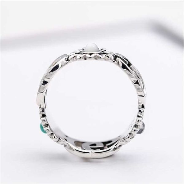 

2023 designer new jewelry fancy sterling silver antique petal hip hop punk antique home double flower turquoise ring