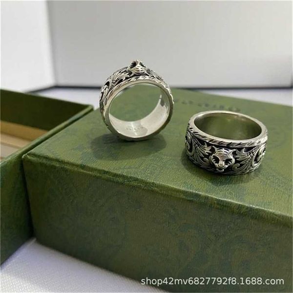 

2023 designer new fashion jewelry gujia double tiger head old carved pattern personalized couple ring man, Silver