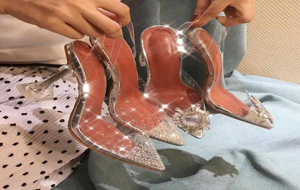

luxury women pumps 2021 crystal sandals pvc transparent high heels pointed toe wedding shoes lady stiletto rhinestone heels x2534893, Black