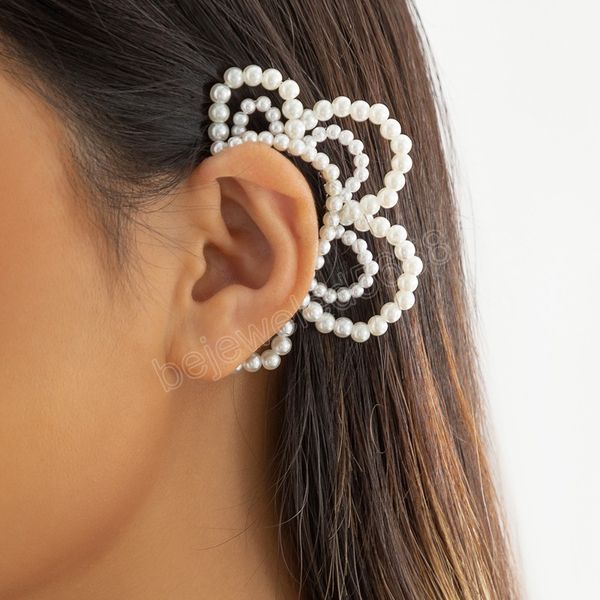 

one pieces elegant flower pearl earrings girls no pierced ears clip earrings for women wedding jewelry brincos ear cuff, Silver