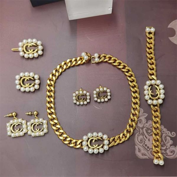 

2023 designer new gujia double g pearl necklace bracelet earrings hair clip brooch brass material light luxury elegant temperament chain set, Gray