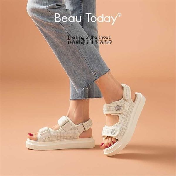 

slippersbeautoday platform sandals women lattice round toe hook loop plaid cloth summer casual ladies outdoor shoes handmade 38161 220523, Black