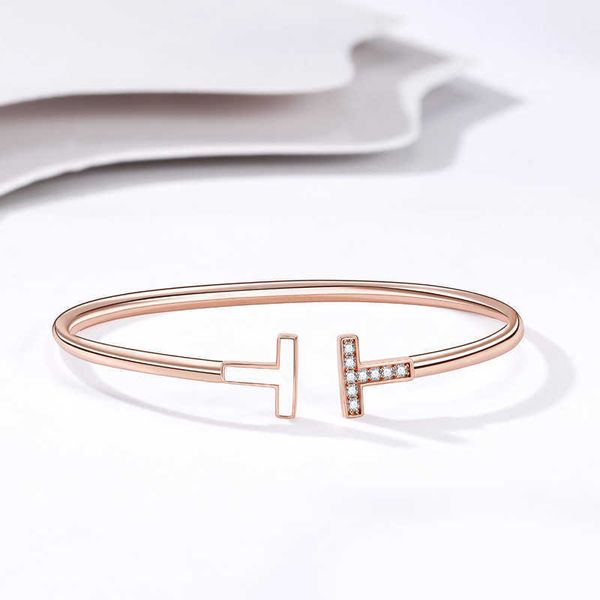 

925 sterling silver double t open bracelet letter net red home diamond with 18k rose gold plating, Black