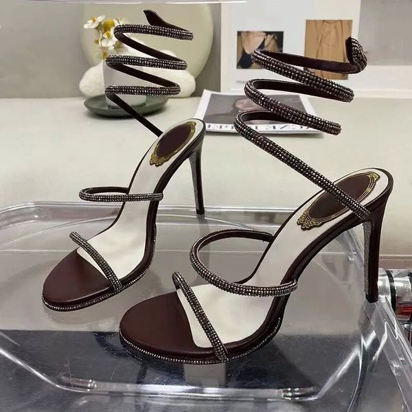 

ankle wrap snake sandals crystal buckle silk high heels designer party wedding shoes rhinestone bride women fashion dress shoes with box, Black