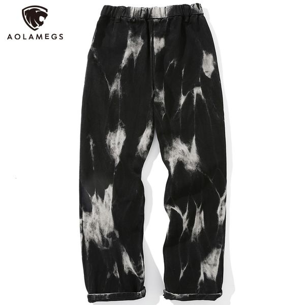 

mens jeans aolamegs men tie dye print style denim pants baggy elastic waist straight trousers high street punk cool streetwear 230317, Blue