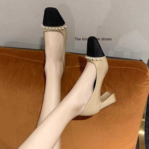 

dress shoes 2022 european and american fashion spring autumn square toe small fragrant pearl temperament high heels, Black